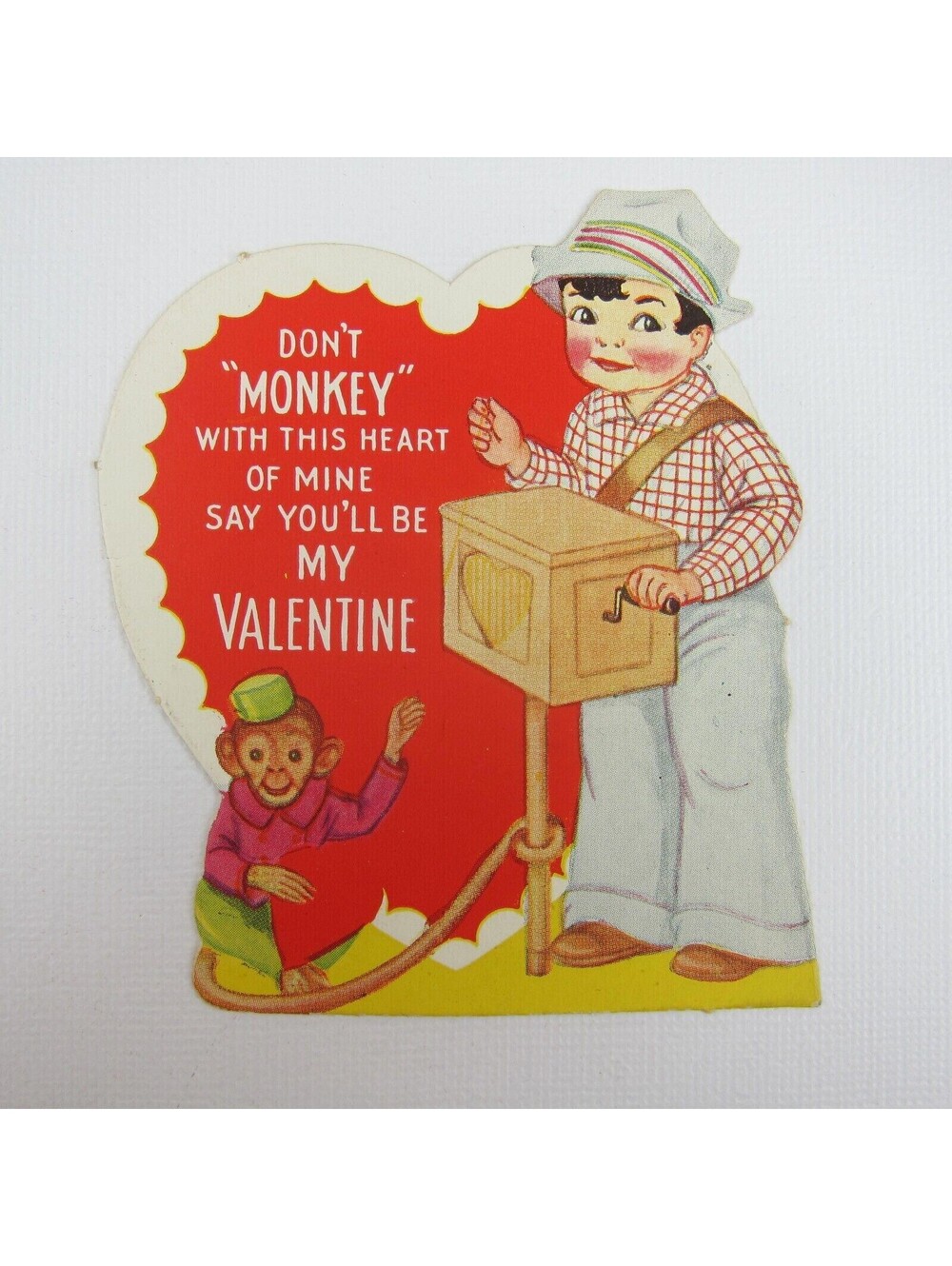 Vintage Valentine Boy & Monkey Fez Hat Wind Up Toy Crank Box Die Cut Red Heart